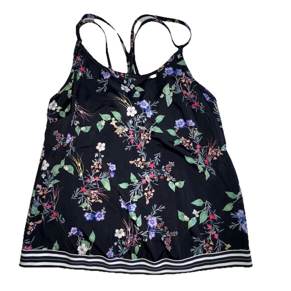 Athleta Gold Coast Black Floral Tankini Swim Top Size 36D/DD Blousy Banded Waist - Picture 2 of 11